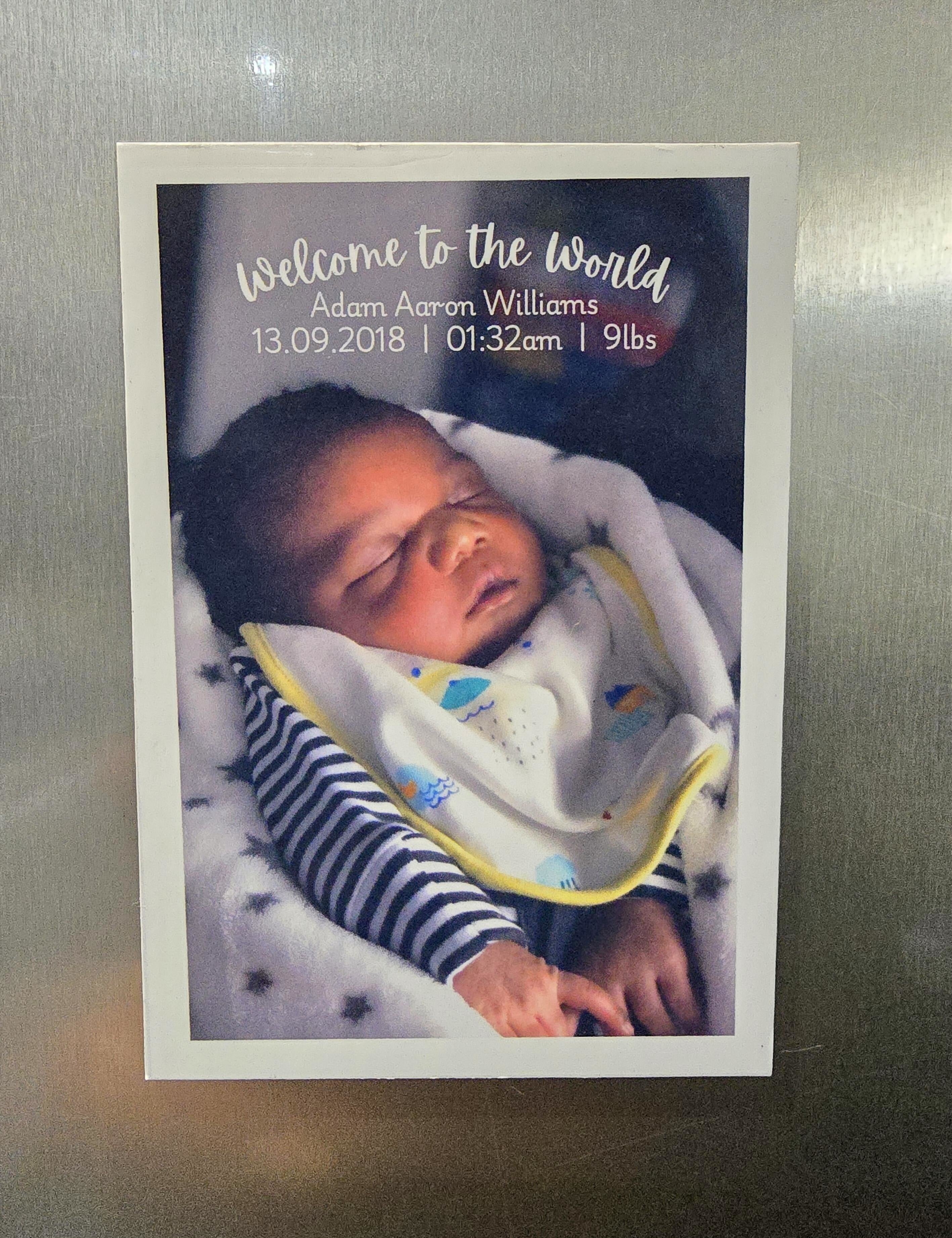 9.5x6.5cm personalised photo magnet - Welcome to the World